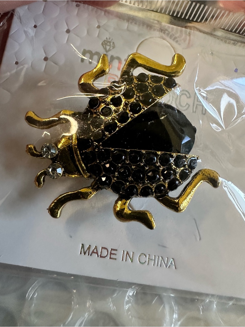 Gold-Tone Beetle Brooch with Black Crystal Accents